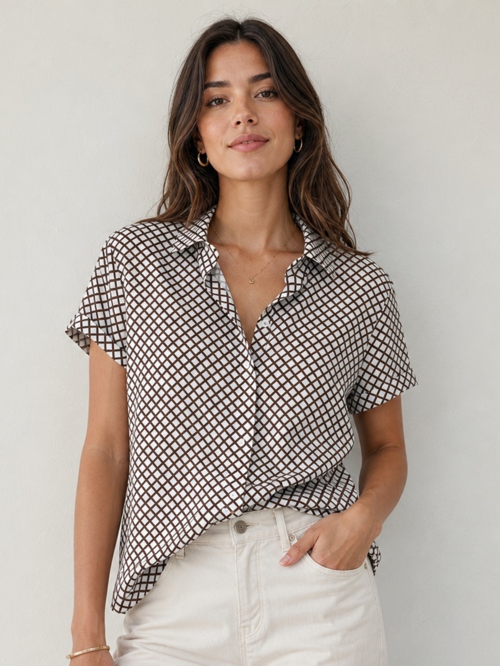 New York & Company Brown and White Geometric Short-Sleeve Button Down